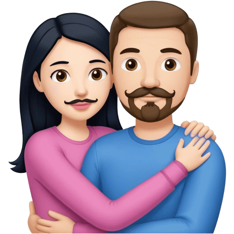 Tall white man with brown mustache goatee wearing blue AND a short pale woman with long black hair wearing pink, hugging emoji