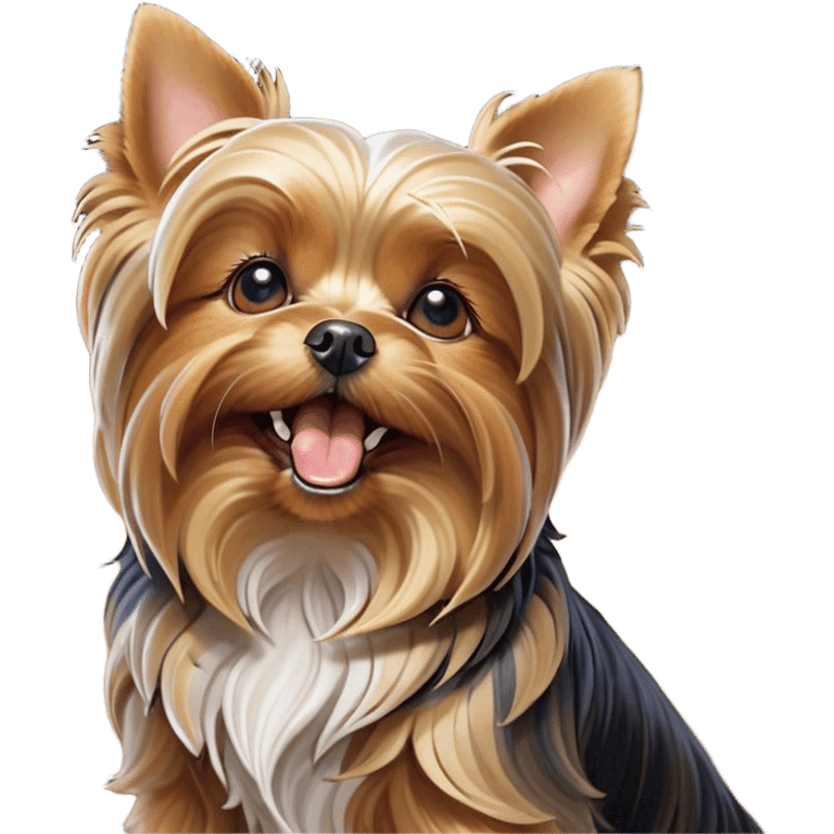 Cinematic Cute Yawning Yorkshire Terrier Portrait Emoji, Head tilted with a playful, drowsy expression and droopy, adorable eyes, featuring a soft, well-groomed fur in rich hues, simplified yet irresistibly endearing, highly detailed, glowing with a warm, cozy radiance, high shine, exuding a relaxed yet spunky charm, styled with a gentle, soft glowing outline, capturing the essence of a Yorkshire Terrier mid-yawn that seems as if it could cuddle right off the screen! emoji