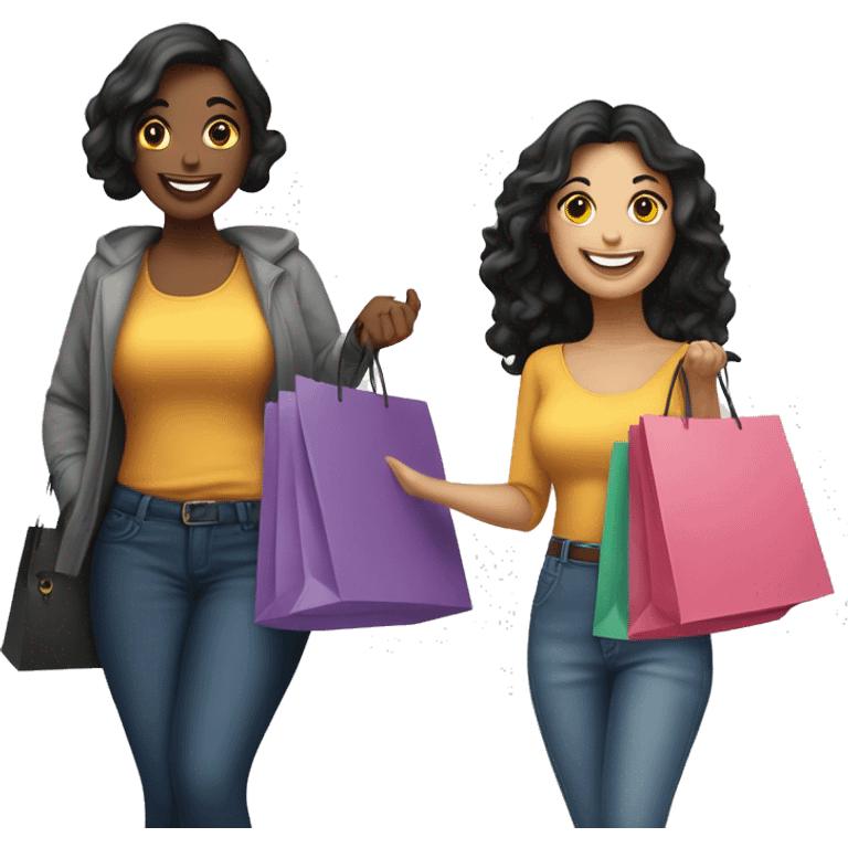 Two happy, curvy Caucasian women with black hair holding shopping bags in their hands, smiling and enjoying their day emoji