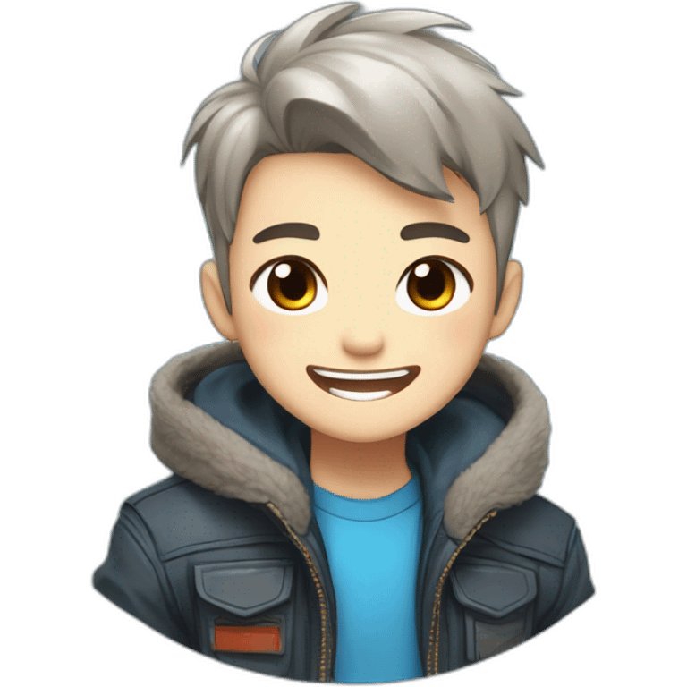 logo illustrated boy laughing out loud, chibi anime style, head and shoulders only, red cheeks, light brown eyes, short gray hair, cyberpunk jacket with blue colors, flashing background. emoji