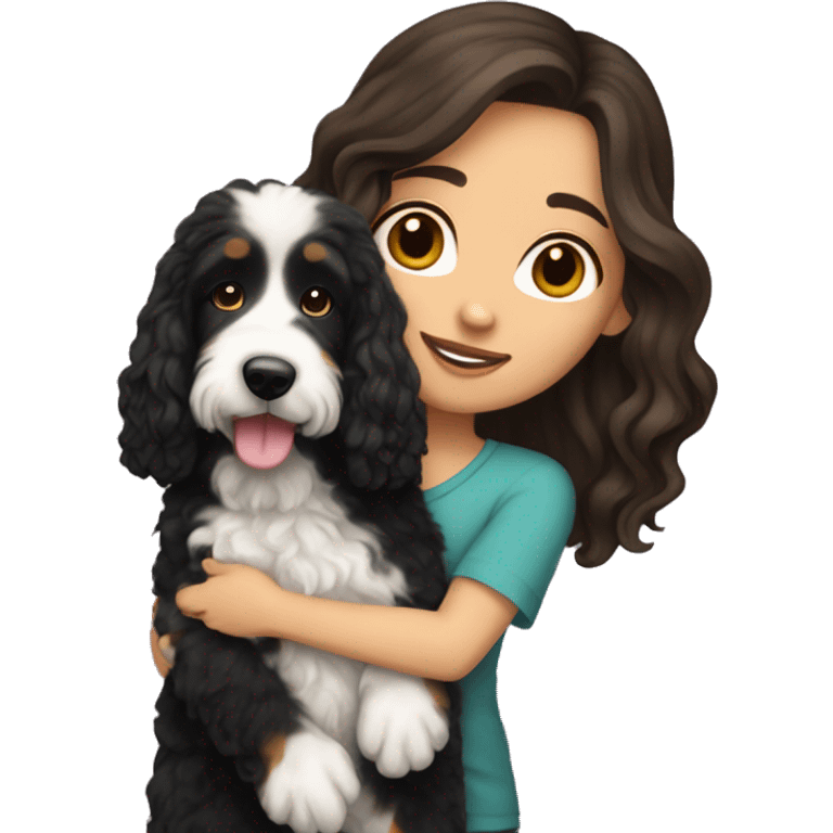 white girl with long dark hair holding bernedoodle emoji