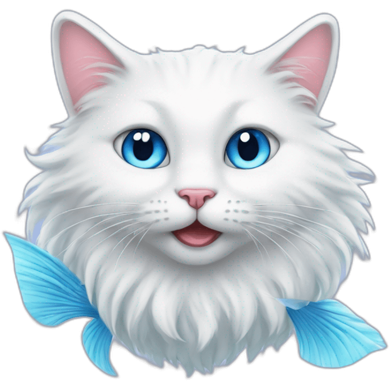 Head of White fluffy cat and a half of blue magic fish tail emoji