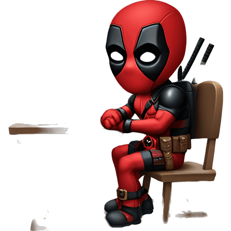 Cute Deadpool sitting at a desk, front view emoji