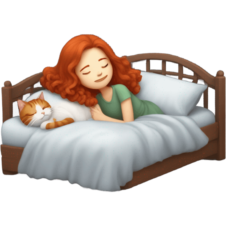 Long red hair girl sleeping with cat in bed emoji