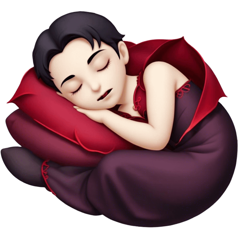 Meme-Worthy Cute Sleeping Vampire Portrait Emoji, with a refined, small, pale face softened by closed, serene eyes and a slight, peaceful smile, adorned in miniature elegant dark attire with a hint of fading crimson, simplified yet irresistibly adorable, highly detailed with a soft ethereal outline that captures the drowsy charm of a vampire in quiet nighttime slumber! emoji