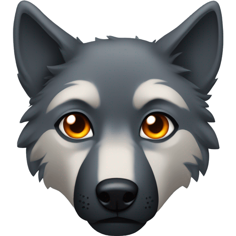 a blacky gray wolf furry head, with right ear orange and left ear blue, right eye blue and left eye orange, sad emoji