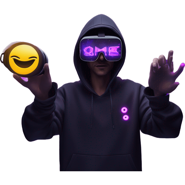 Russian man wearing a black hoodie with "OMG" letters on it and VR headset oculus quest 2 in a cyberpunk VR environment with violet neon lighting. Showing direction with hand emoji