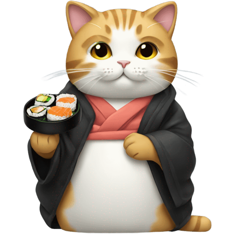 cat wearing a big coat eating sushi emoji