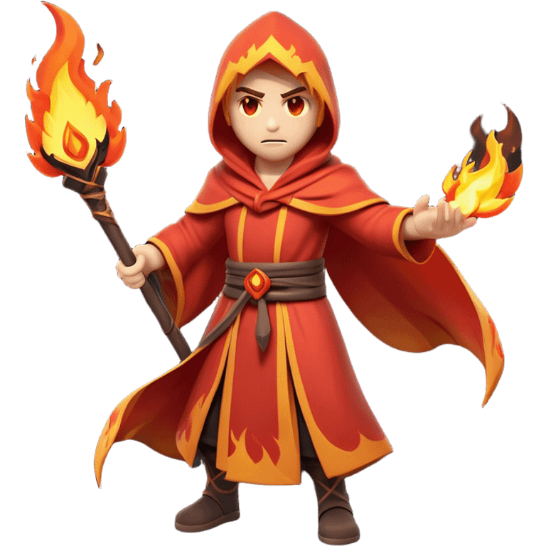 Clash of Clans aesthetic: Cinematic Ferocious Fire Mage Hero Emoji, rendered in a 3D vector-style similar to standard emojis with minimal shading and bold, simplified shapes. A compact, isometric figure draped in flowing, charred and ember-lined robes, wielding a fiery staff crackling with intense flames. Eyes burning with an infernal glow, exuding raw, untamed power. Simplified yet unmistakably iconic, highly detailed and consistent, glowing with a fiery, molten radiance and high shine. Stylized with a touch of menacing sorcery and a searing, ember-infused outline, capturing the essence of a wrathful mage ready to unleash devastating fire magic! emoji