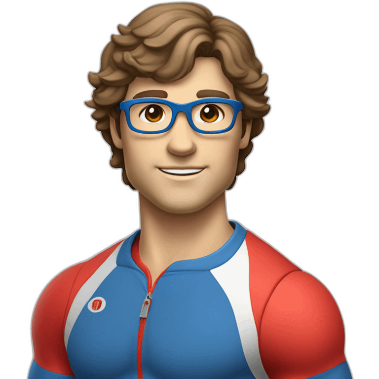 retro 70s blue and red gym clothes for a modern white brunette uni male student with glass emoji