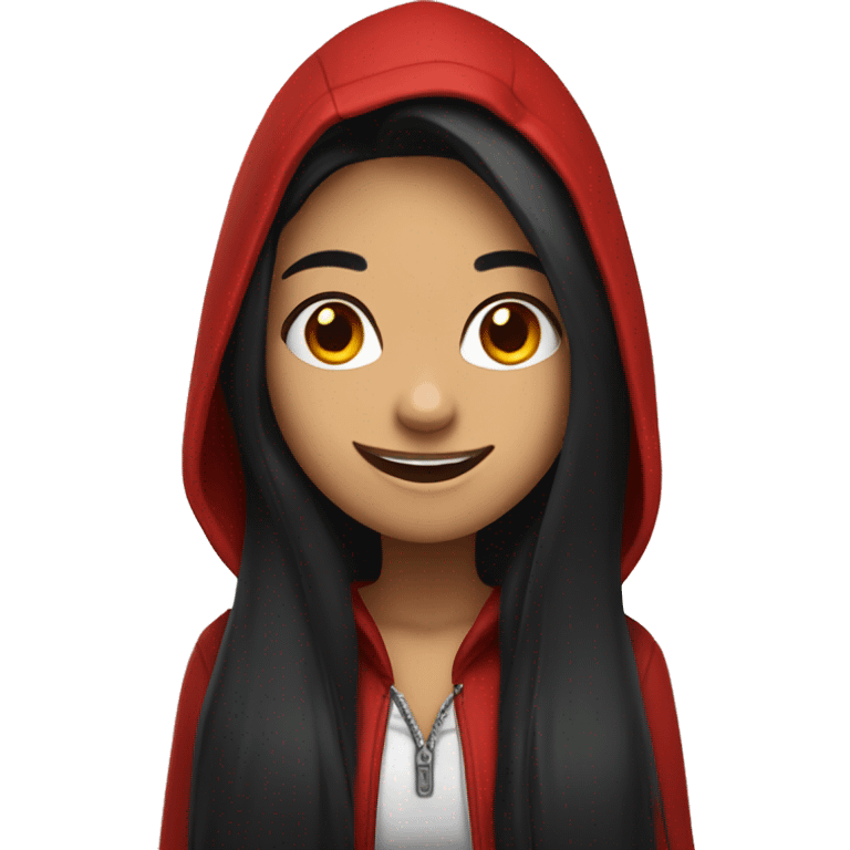 Girl with long black hair and red hood smile happy emoji