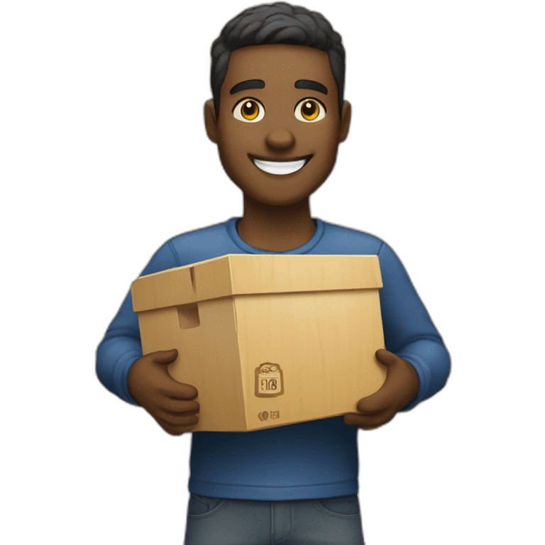 A person holding a box of wood with a beautiful smile will make any wooden product you want. Black cheek and it has a foodball yellow. emoji