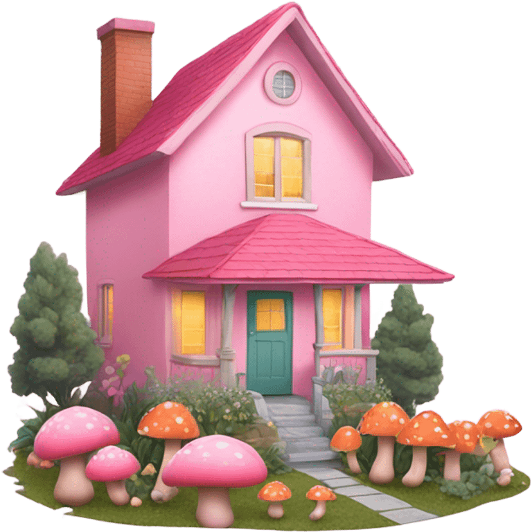 Pastel pink house with mushrooms emoji