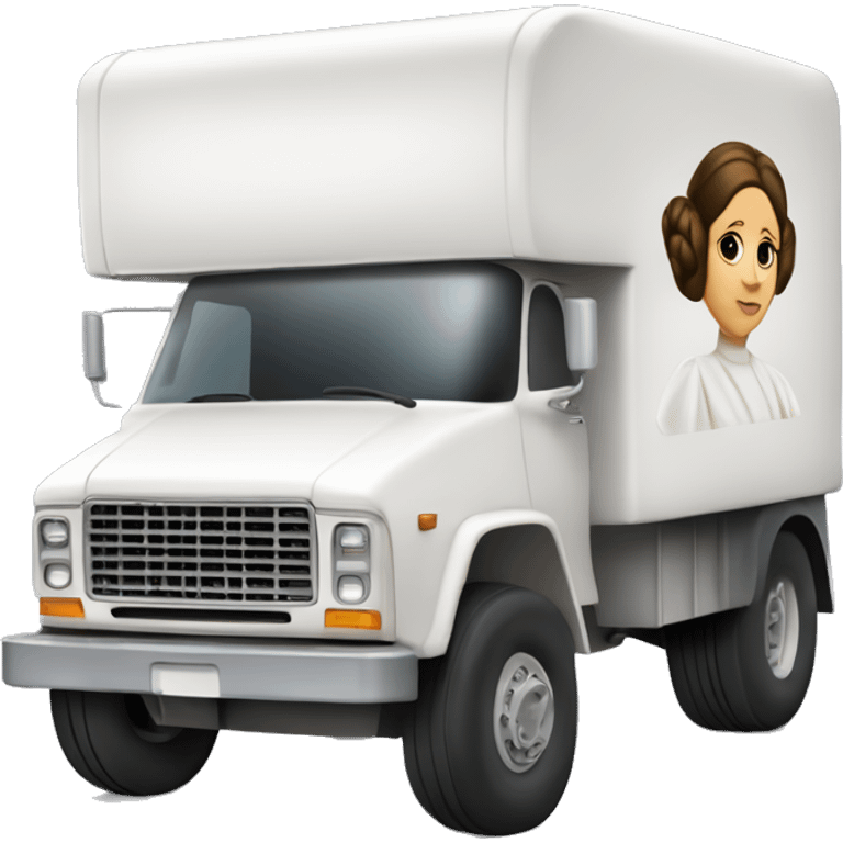 Side view of 1976 very very long mail delivery truck shaped like Princess Leia shaped emoji