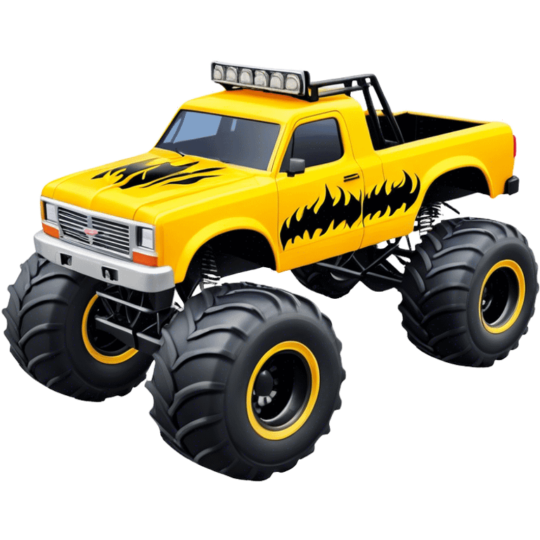 Maximum Destruction - Monster Jam (Model Year: 2021) (Iconic colour: Yellow with black flames) - A ferocious monster truck featuring a vivid yellow base accented by dramatic black flame patterns. Emphasize sharp, high-contrast flame streaks across the body, creating a look of aggressive, explosive energy. emoji