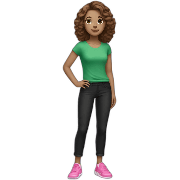 Woman Brown hair white skin color pink pull black pants pink shoes green eyecolor emoji