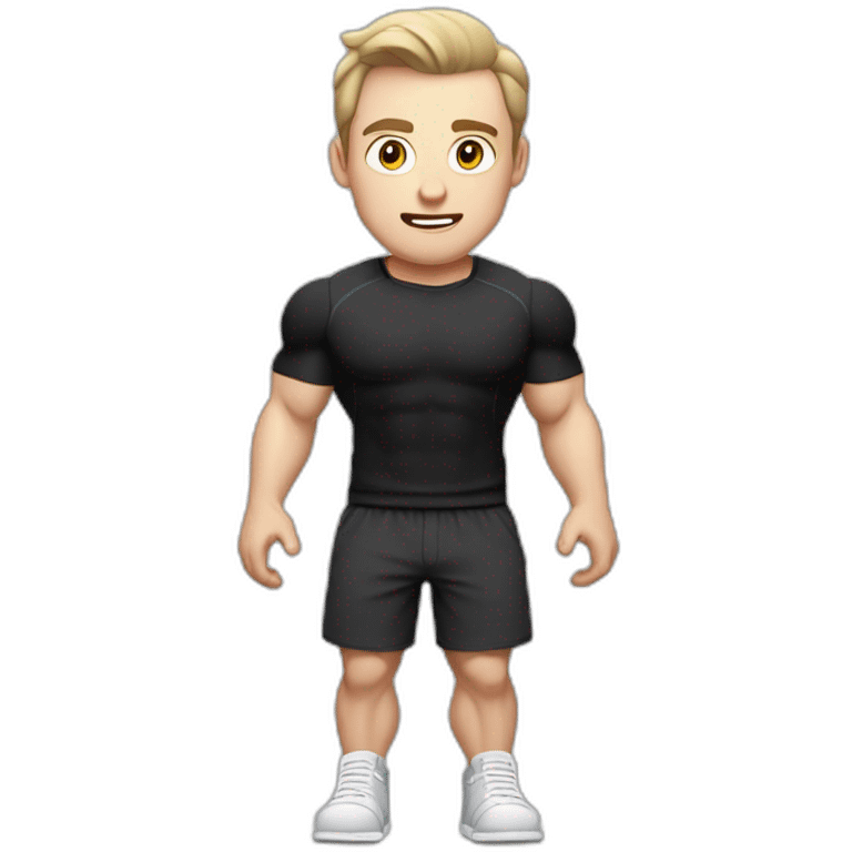 amazed Pale skinned Fit Man With the biceps and dark brown hair in black shirt, gray sports shorts and white Sneakers emoji