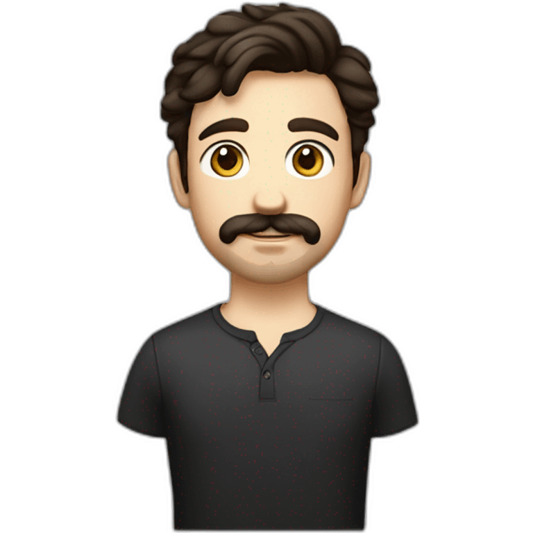 A young Caucasian man with dark brown, almond-shaped eyes, short dark brown hair, and a small dark brown beard with a more prominent mustache. emoji