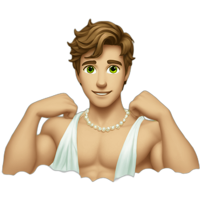 Posh-muscle-boy-brown-hair-green-eyes-pearl-necklace-in-golden-bathtub emoji