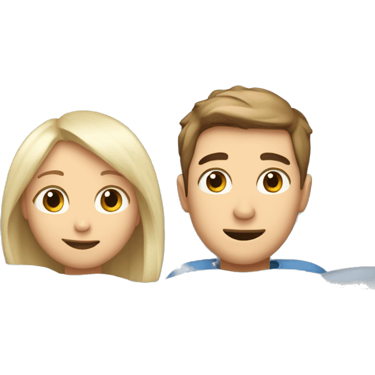 A couple, a girl with white blonde hair and a boy with brown hair lying in bed hugging each other emoji