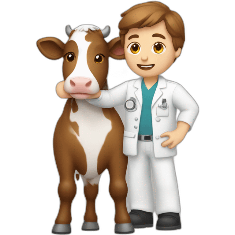 Vet male with brown hair petting cow emoji