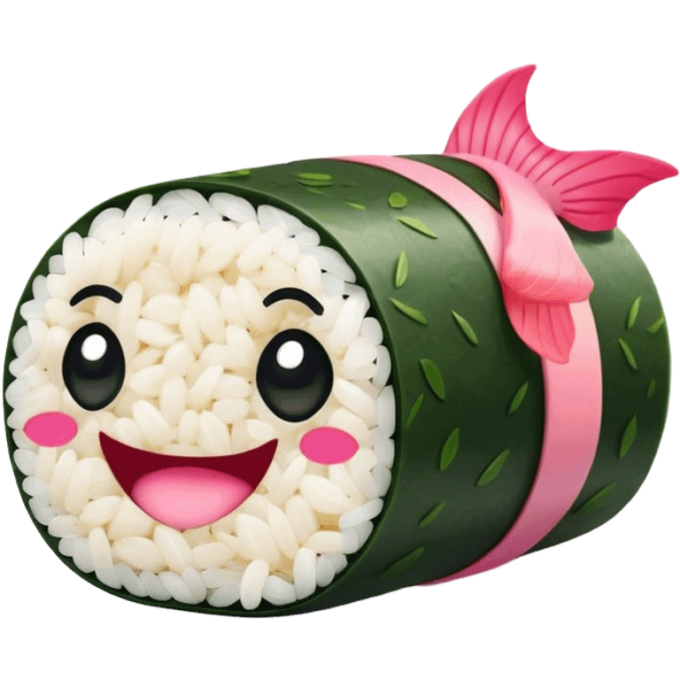 Cute Kawaii Maki Sushi Roll, small and round, wrapped in soft dark green seaweed, tiny grains of rice peeking out, a bright pink fish filling, a cheerful smiling face! emoji