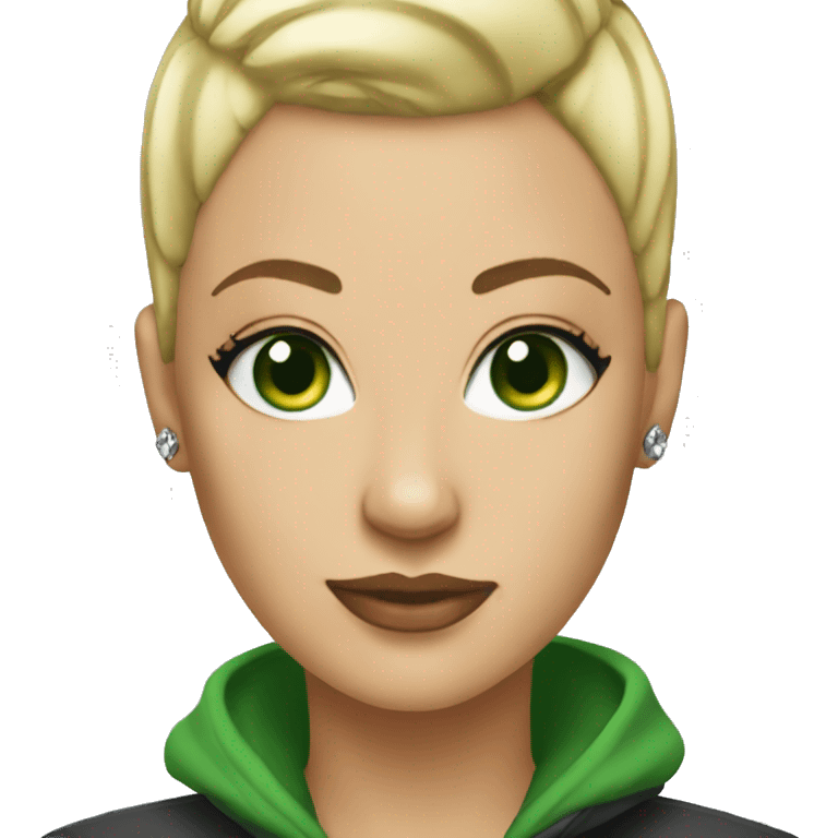 Blonde buzz cut woman with tattoos and green eyes emoji