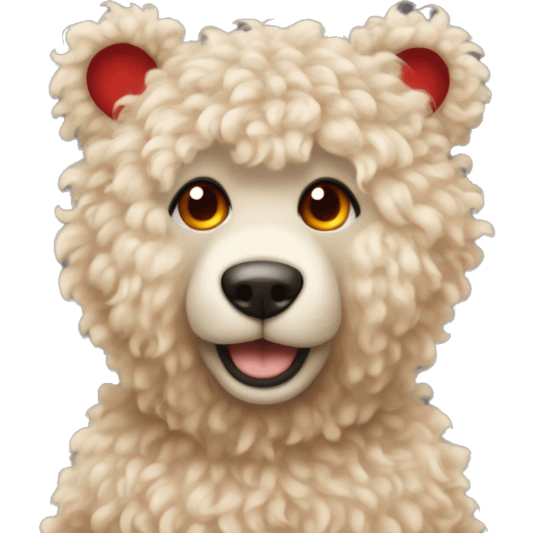 Light coloured curly fur. With Orange eyes teddy bear wearing a beige sweater with a red heart in the middle.  emoji