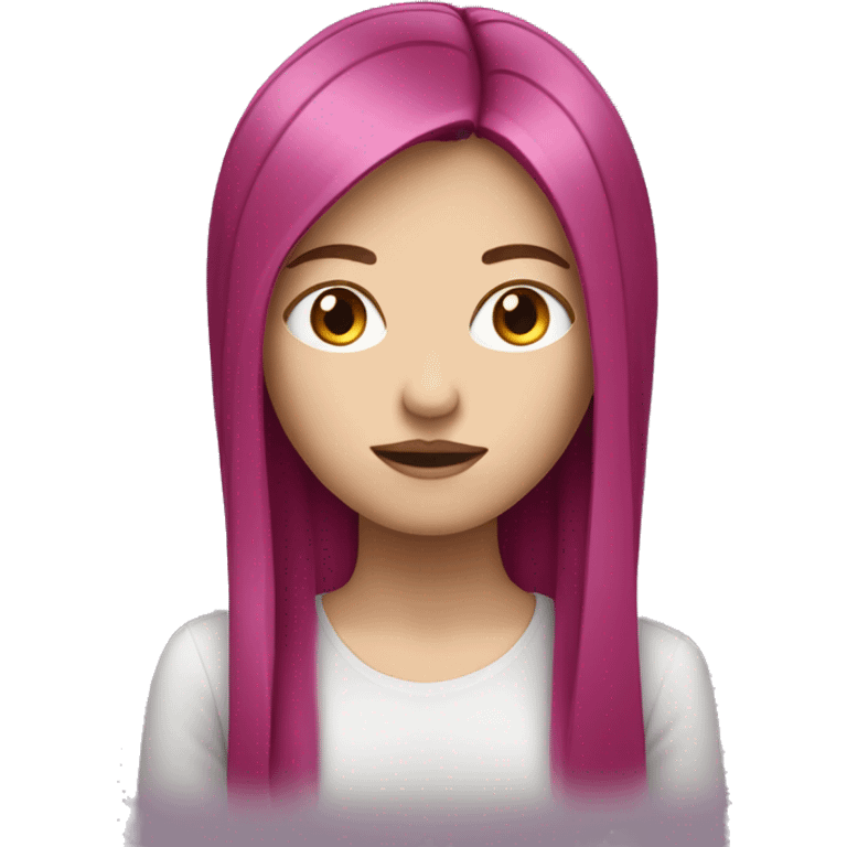 White girl with medium long straight magenta hair shows to be silent emoji