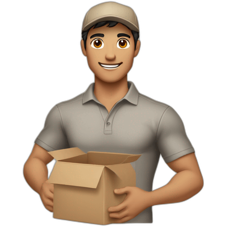 Tan skinned fit Man with black hair in a brown cap, gray jeans and beige polo T-shirt keeping a pasted box into his hands emoji