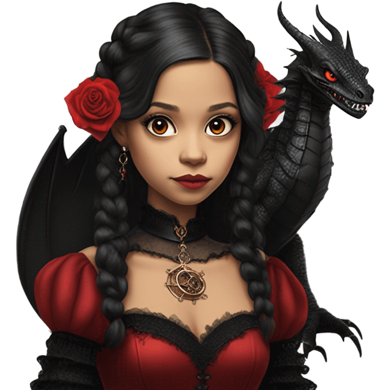 Lavish black evening gown with see-through gloves, Jenna Ortega as Addams woman wearing a steampunk mini tiara, very large blood red evil-looking horned old dragon emoji