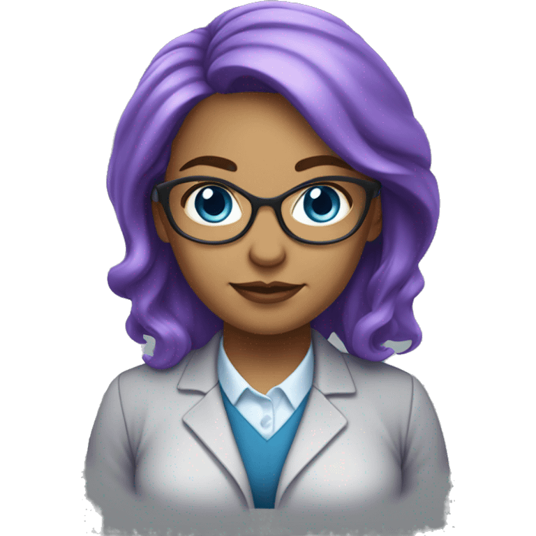 female science teacher with purple hair light complexion and blue eyes. slightly fat emoji