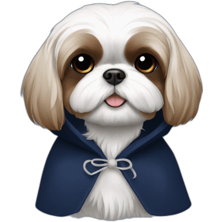 White and brown Shih tzu in navy blue coat with hood emoji