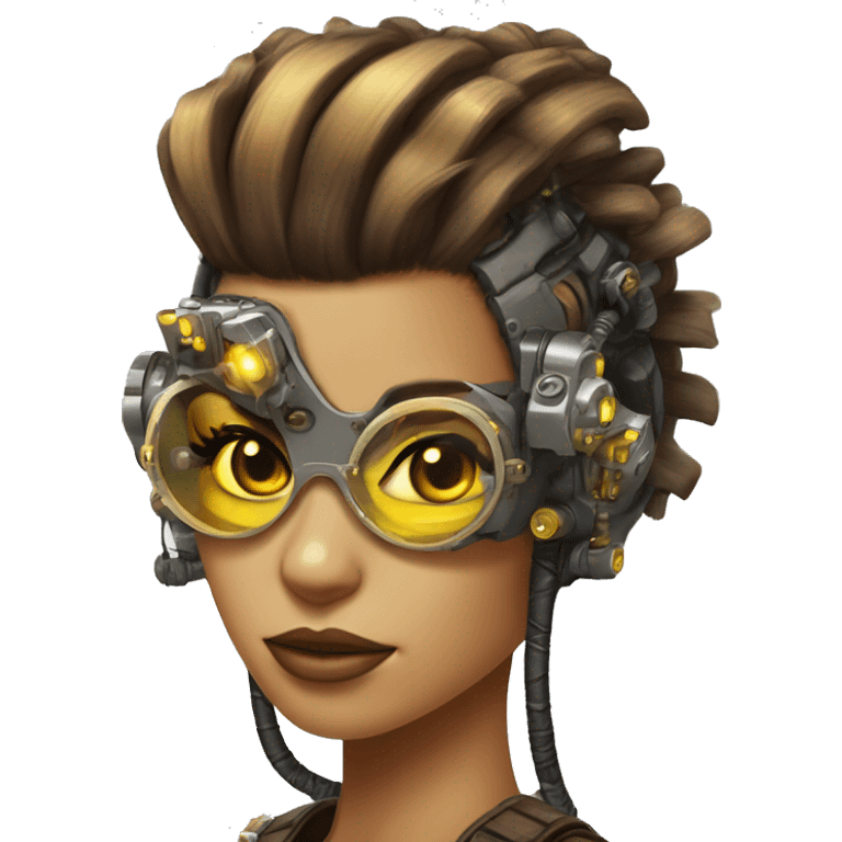 Brown with yellow streaks Mohawk hair female cyborg head, tan skin, steampunk goggles and circuits emoji