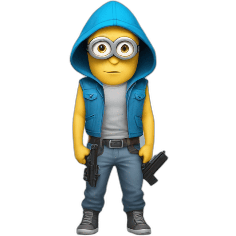 baby minion  in gray pants in a blue sleeveless shirt in a hood and with a collar with two pistols in both hands holds them on both sides raised emoji