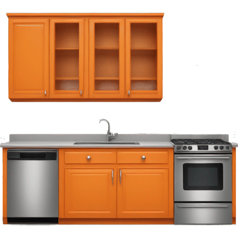 Realistic front facing orange hanging kitchen cabinets and counter.  emoji