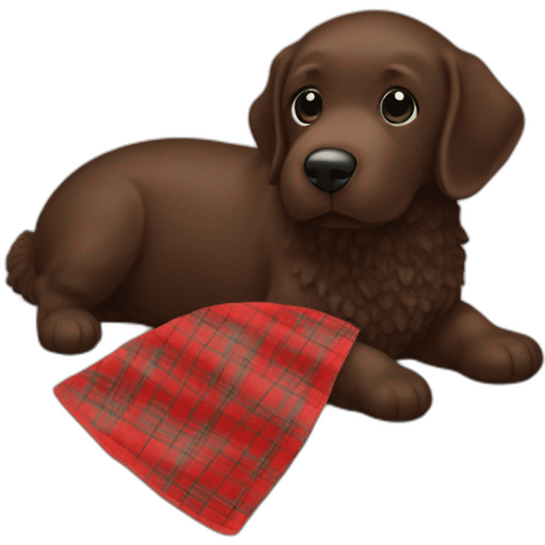 Chocolate brown colored doodle with a red and black flannel hankerchief holding a plush salmon fish chew toy emoji