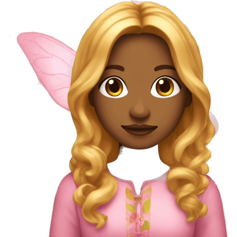 Fairy woman emoji with long wavy copper hair and blonde highlights, also with curtain bangs, brown/honey eyes, with a pink outfit inspired in flower leaves emoji