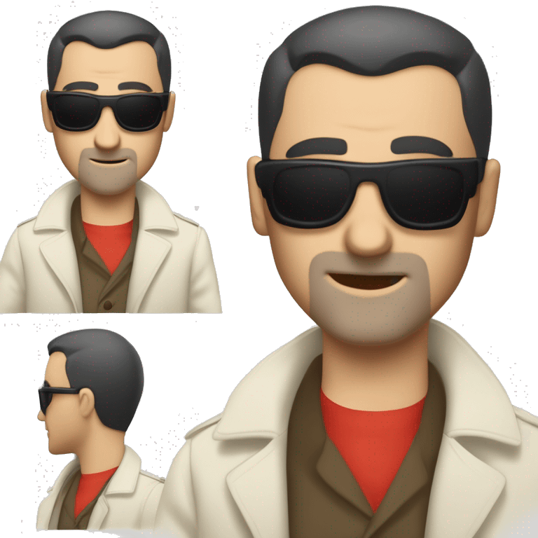 <excerpt>
A 1930s white man with real buzz cut Black hair, beard stubble donning small red tinted sun glasses in a dirty white trench coat, is serious.
</excerpt> emoji