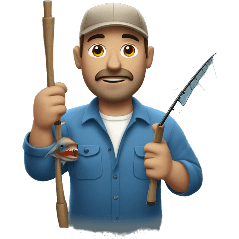 manly husband holding blue fishing rod and tuna emoji