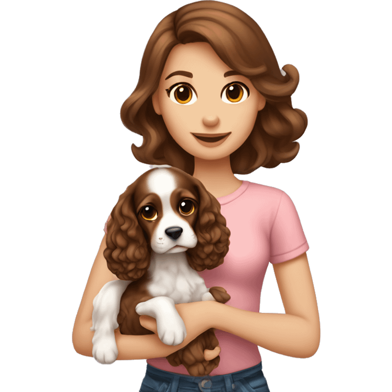 Beautiful stylish girl with brown hair holding in her arms puppy English Cocker Spaniel emoji