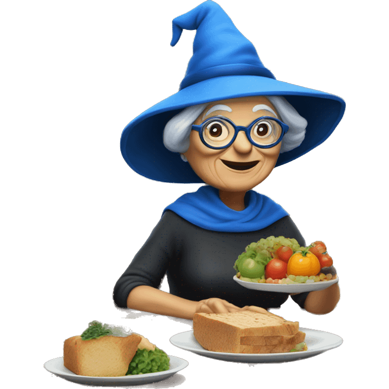 smart granny witch with glasses and blue hat lunching with friends emoji