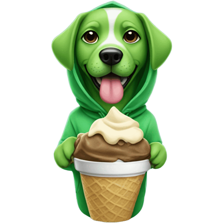 Green dog with a hoodie holding ice cream emoji