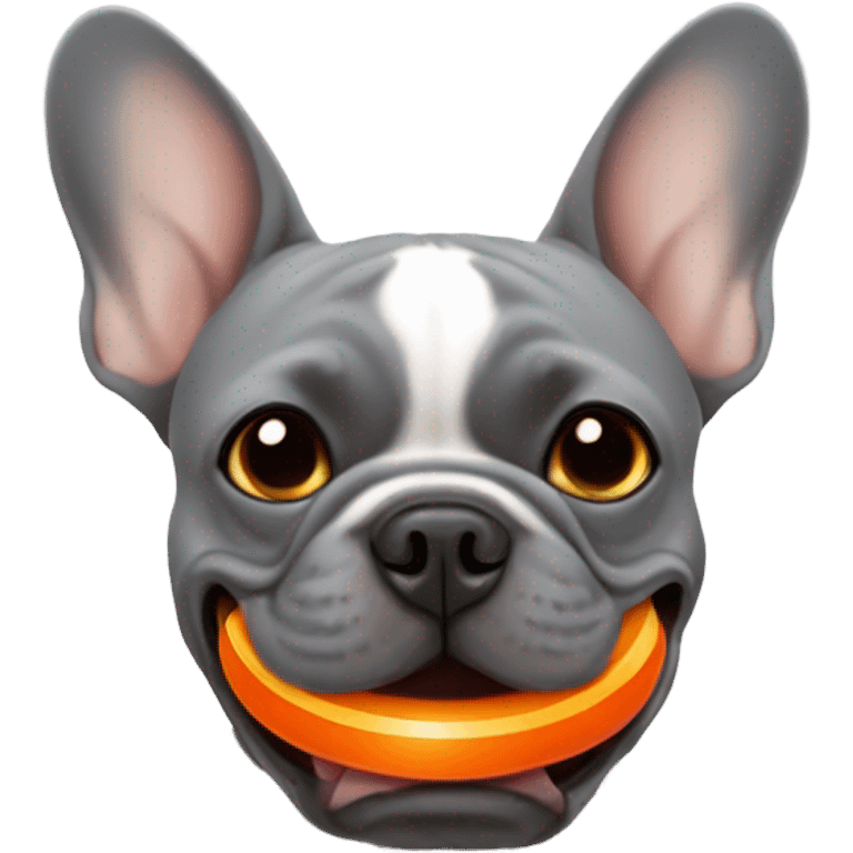 Grey French bulldog with orange ball in its mouth  emoji