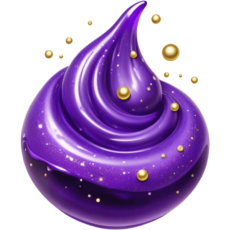 Cinematic Realistic Shiny Slime Mixed with Glitter, thick and glossy with swirling metallic flecks suspended inside, a dynamic mix of deep purple and golden sparkles, light catching every shimmer, flowing smoothly with realistic folds and ripples, glowing with an enchanting, almost liquid-metal effect. emoji