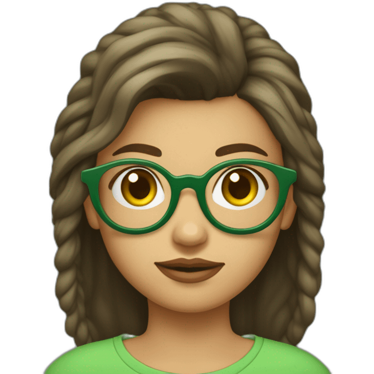 une fille aux cheveux brun avec une queue de cheval basse et des lunettes rondes dorées des sourcils un peu épais et un t-shirt rayé vert clair et vert foncé  emoji