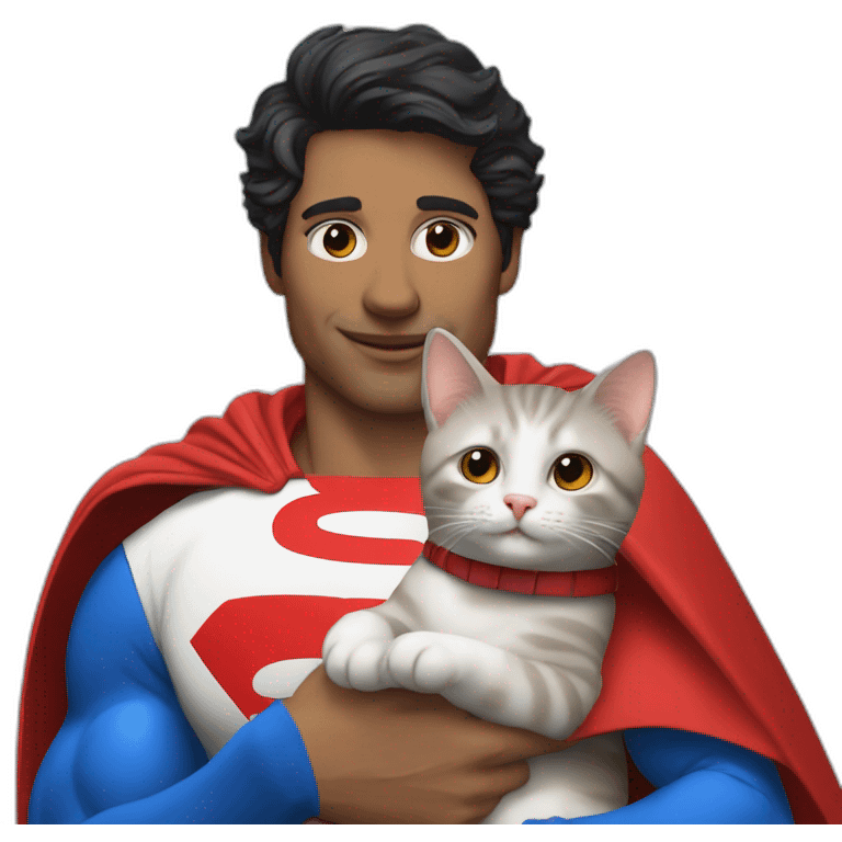 Cat holding luis lane and in a costume of super man emoji