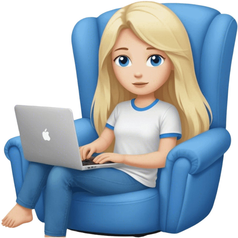 Cinematic realistic blonde with long hair, blue eyes, dressed in a T-shirt, sits in a soft, cozy armchair with a computer on her lap emoji