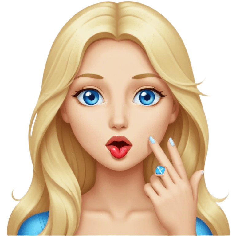 Cinematic realistic blonde with long hair and blue eyes blows a kiss emoji