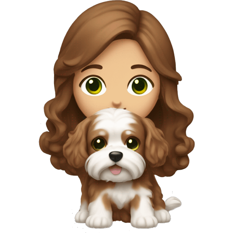 A girl with green eyes and long brown hair is holding a brown Maltese dog with curls on its coat emoji